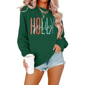 Women Christmas Sweater Cotton Long Sleeve Crewneck Holly Jolly Tree Top